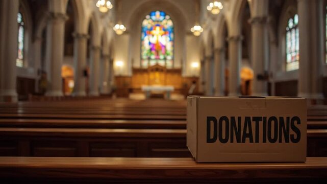 Donation box placed in a serene church interior with stained glass windows and wooden pews