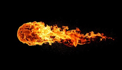 A fiery orb streaks across a black background, intense orange and yellow flames bursting outwards, with small sparks trailing