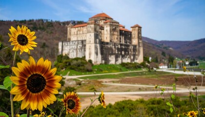 Sunflowers and Historic Building with Landscape on a Sunny Day