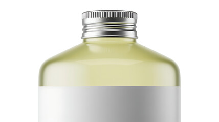 Close up shot of a bottle with blank white label and silver cap perfect for product mockup or brand visualization
