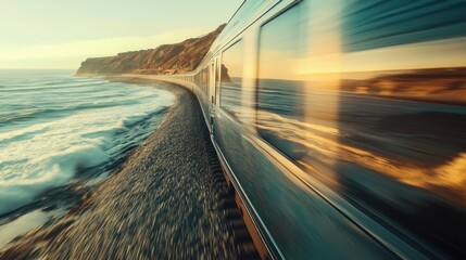 Coastal train speeding along dramatic ocean cliff at sunset.