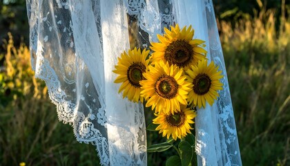 Sunflowers and White Lace Decoration in Natural Outdoor Setting