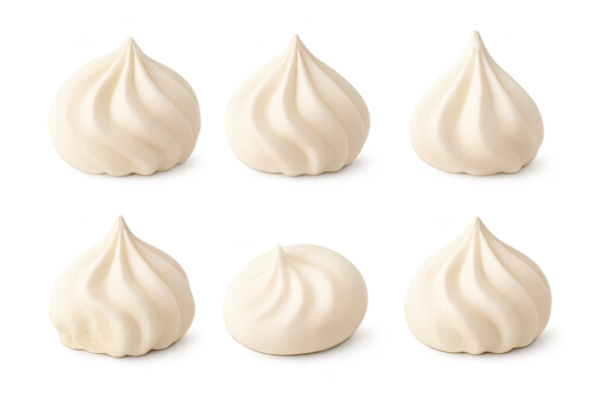 Six pale meringue kisses arranged in 3x2 grid