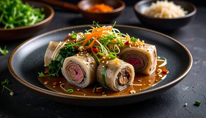 A close-up shot showcases several rolls of Asian-inspired cuisine, elegantly plated, alongside assorted garnish. Dark plate, rich sauce, visually appealing presentation