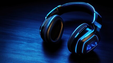 Stylish headphones with glowing blue accents on dark surface.