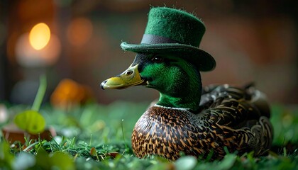 A finely detailed, colorful photo captures a duck wearing a miniature green top hat, resting in lush grass. The blurred background hints at a natural setting