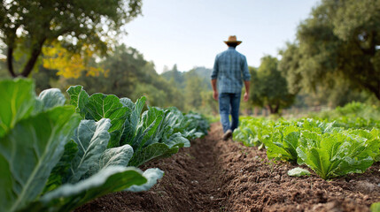 A farmer walks through his cultivated vegetable garden. Symbolizing growth, sustainability, and the connection to nature. Ideal for agriculture, healthy food, or lifestyle content.