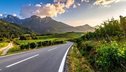 Naklejka premium A scenic road winds through a vibrant vineyard, leading towards majestic mountains under a partly cloudy sky at sunset