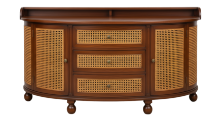 Curved Wooden Sideboard with Cane Inlays and Drawers