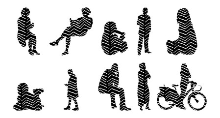 Vector illustration, Outline silhouettes of people, Contour drawing, people silhouette, Icon Set Isolated , Silhouette of sitting people, Architectural set