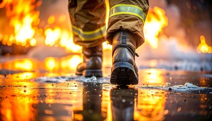 A firefighter's legs and boots are seen walking towards a raging inferno, amidst smoke and water. The ground reflects light