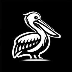 Illustration of a white pelican with black background in a stylized and simplified vector drawing style
