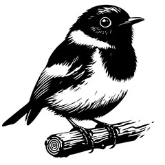 Naklejka premium Illustration of a black and white bird with detailed feathers perched on a small wooden branch artwork