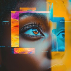 Close-up woman's eye, colorful abstract digital art overlay.