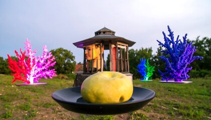 Surreal Scene with Apple, Gazebo, and Illuminated Structures Outdoors