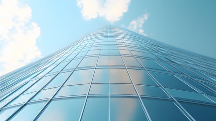Fototapeta premium A low-angle view of a futuristic skyscraper with curved glass windows - a 3D-rendered architectural marvel.