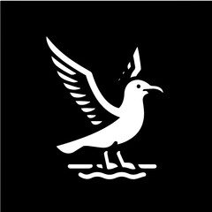 White seagull with wings spread standing on water in a black and white minimalist vector illustration