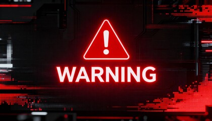 A virus alert warning displayed on a digital screen with red danger symbols and glitch effects, in a futuristic environment	