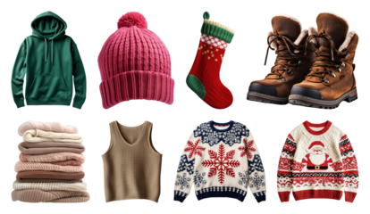 PNG Cozy winter clothing essentials displayed, element set on transparent background