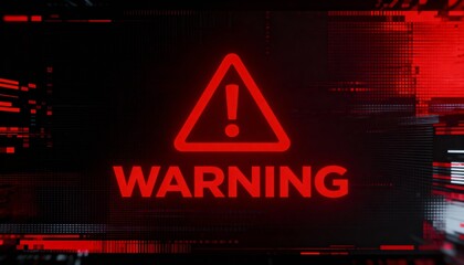A virus alert warning displayed on a digital screen with red danger symbols and glitch effects, in a futuristic environment	
