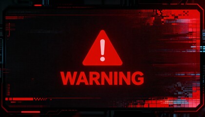 A virus alert warning displayed on a digital screen with red danger symbols and glitch effects, in a futuristic environment	