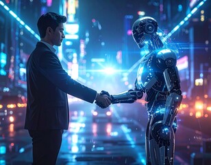 Human shaking hands with AI robot in cyberpunk city