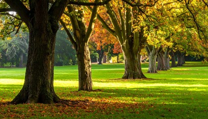 Fototapeta premium A scenic view of autumn trees in a park, sunlit and colorful. Lawn covered with fallen leaves. Nature's beauty is captured