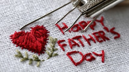 Close-up of a needlework project, featuring "Happy Father's Day" embroidered in red, with a red heart and green leaves.