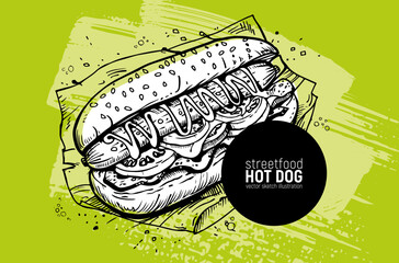 A Delicious HandDrawn Hot Dog Illustration Set Against a Bright and Vibrant Background.