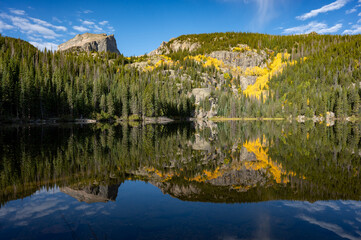 Bear Lake, a scenic trailhead and destination in Rocky Mountain National Park, Colorado, USA. Alpine lake landscape water reflection during fall foliage or autumn season