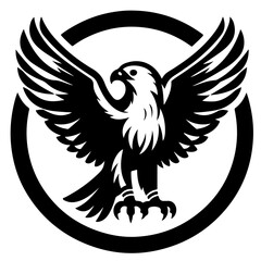 Illustration of a majestic black eagle with spread wings inside a circular frame on a white background