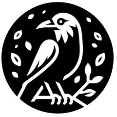 Illustration of a black bird perched on a branch surrounded by leaves in a circular design element