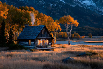 Fototapeta premium Cozy Autumn Cabin Retreat Amidst Golden Aspen Trees and Majestic Mountain Landscape