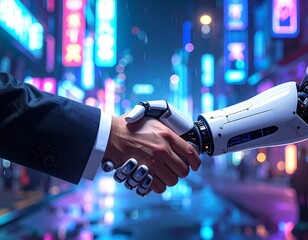 Human shaking hands with AI robot in cyberpunk city
