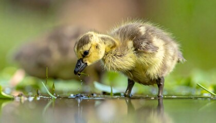 A fluffy gosling, predominantly yellow with brown markings, dips its beak into shallow water, surrounded by green foliage. Another gosling blurs in the background
