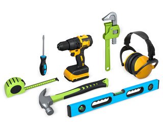 Construction tools and safety equipment shown on white background. Concept of work safety and building tools