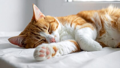 Naklejka premium A ginger and white cat asleep on a plain white surface