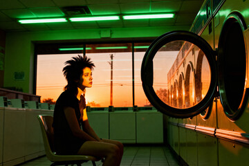 A stylish woman with punk hair sits alone in a neon-green laundromat, pensively watching the warm sunset reflected in a washing machine door.