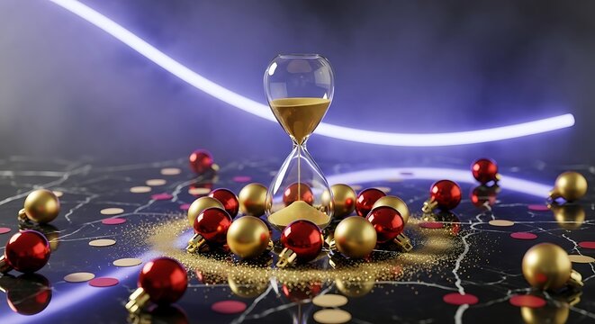 Dynamic Time Management Concept Mockup with Hourglass and Holiday Baubles, Visualizing Strategic Planning and Countdown for Festive Season Success on an Abstract Background - Powered by Adobe