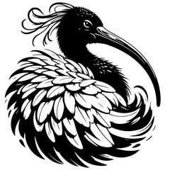 Monochrome illustration of an ibis with detailed feathers and a long curved beak in black and white style