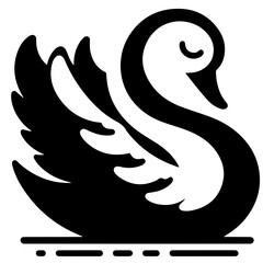 Naklejka premium Elegant black and white swan with curved neck and closed eye floating on a dotted water line art