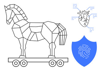 Geometric Trojan horse on wheels, heart with signal lines, blue fingerprint shield. Ideal for cybersecurity, data privacy, digital threats, health technology, biometric security, encryption simple