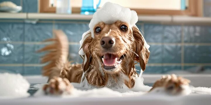 Cute cocker spaniel having fun playing with soap foam bubbles during a bath in a bathroom