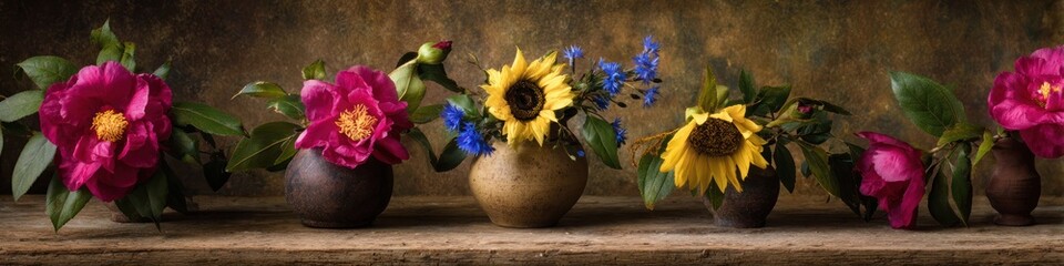 Obraz premium Assortment of colorful flowers in vases arranged on a wooden surface floral arrangement