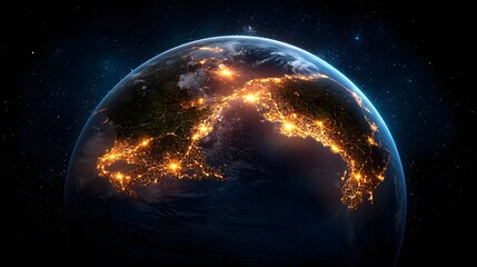 The image shows a view of Earth at night from space, with city lights illuminating the continents and stars visible in the background, creating a stunning and dramatic scene.