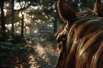 Obraz premium Scenic Autumn Forest Trail View from Horseback for Tranquil Nature Experience