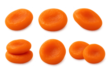 Bright orange dried apricot rounds arranged in two rows on transparent background