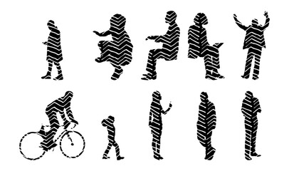 Vector illustration, Outline silhouettes of people, Contour drawing, people silhouette, Icon Set Isolated , Silhouette of sitting people, Architectural set