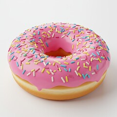 Pink Frosted Donut with Colorful Sprinkles on White Background