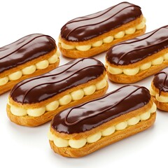 Delicious Eclairs with Chocolate Icing and Cream Filling on White Background